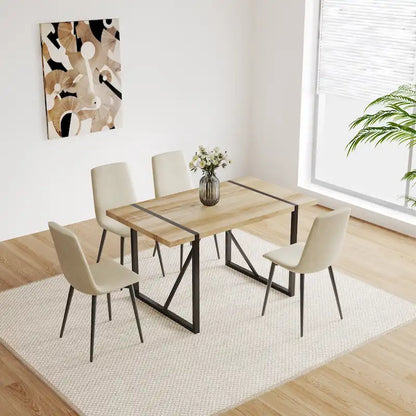 Natural Wood Industrial 5-Piece Dining Table Set with 4 Chairs, Metal Base & Legs
