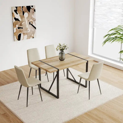 Natural Wood Industrial 5-Piece Dining Table Set with 4 Chairs, Metal Base & Legs
