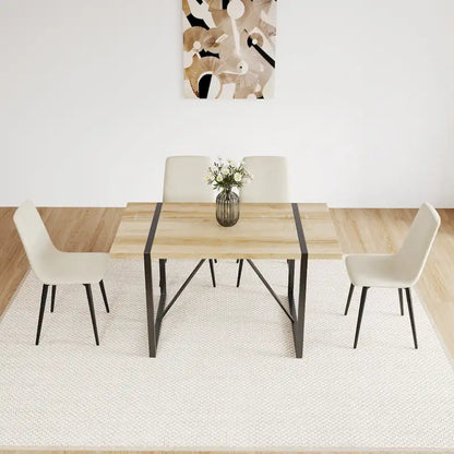 Natural Wood Industrial 5-Piece Dining Table Set with 4 Chairs, Metal Base & Legs