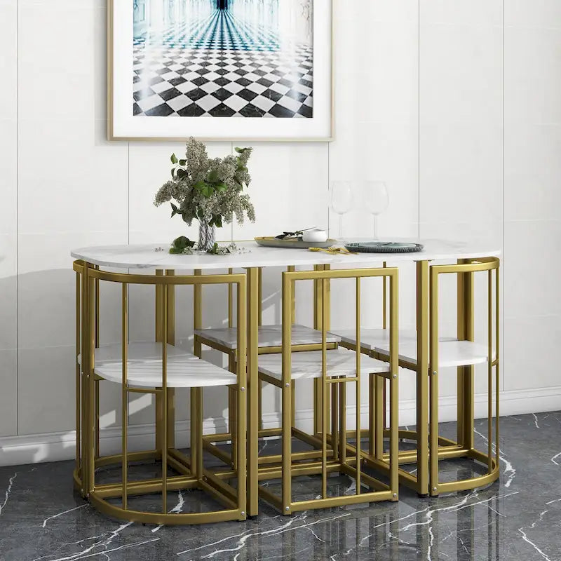 Golden+White 7-Piece Metal Frame Dining Table Set with Half-Round Table & 6 Chairs