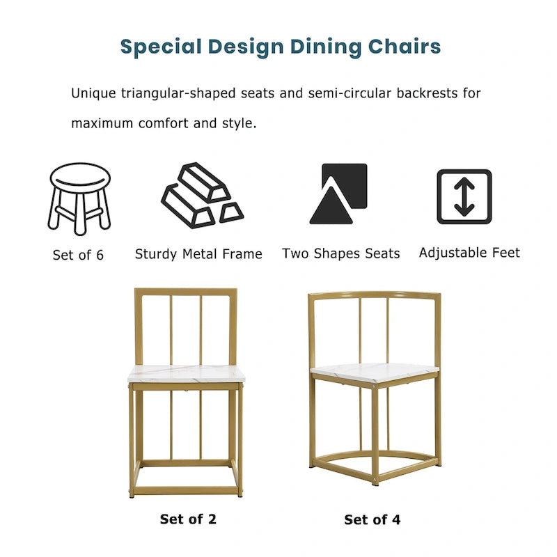 Golden+White 7-Piece Metal Frame Dining Table Set with Half-Round Table & 6 Chairs