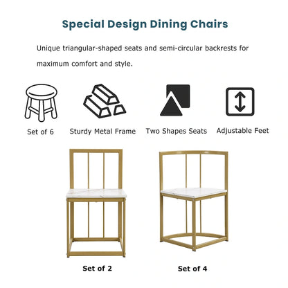 Golden+White 7-Piece Metal Frame Dining Table Set with Half-Round Table & 6 Chairs