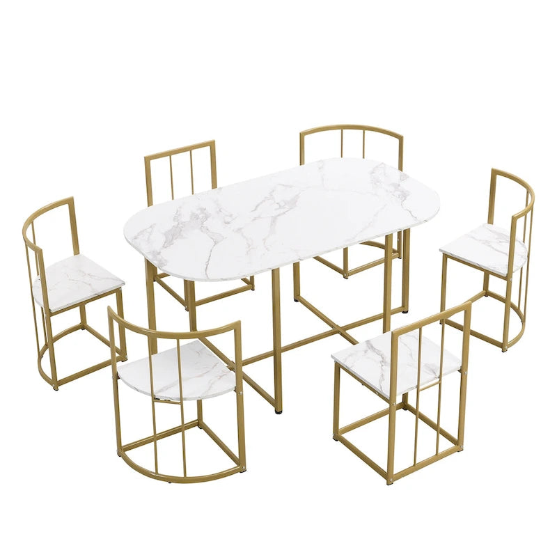 Golden+White 7-Piece Metal Frame Dining Table Set with Half-Round Table & 6 Chairs