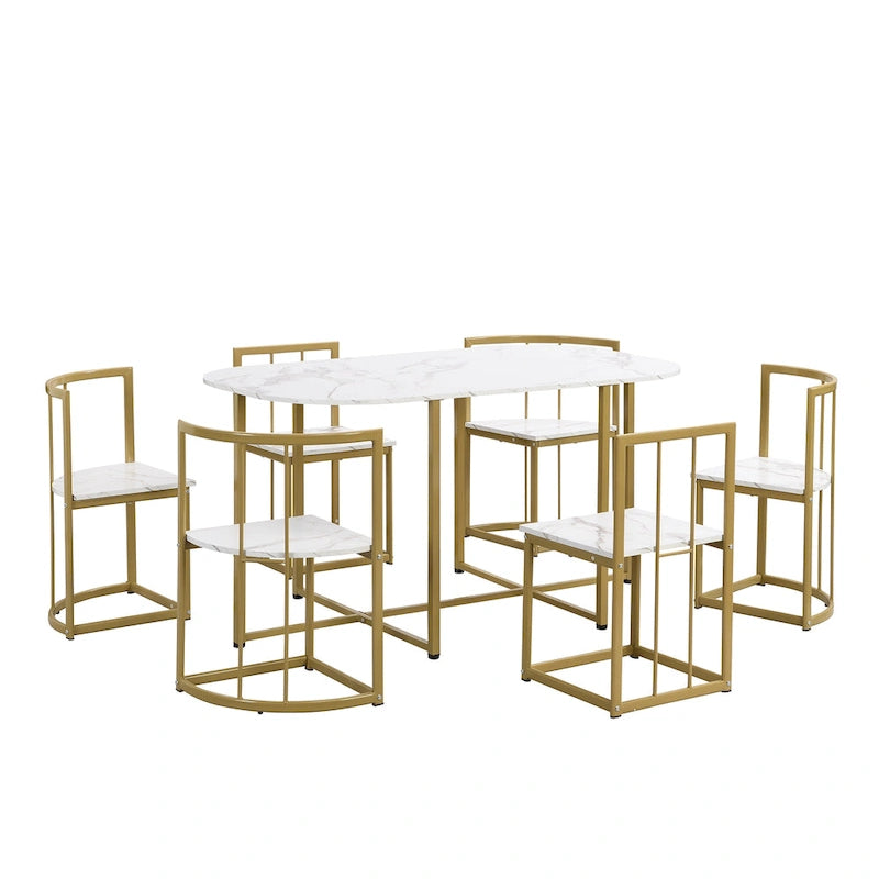 Golden+White 7-Piece Metal Frame Dining Table Set with Half-Round Table & 6 Chairs