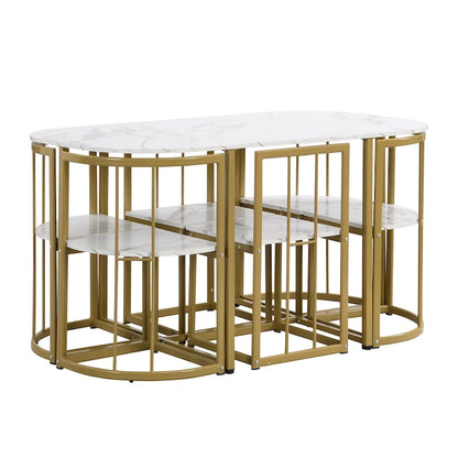 Golden+White 7-Piece Metal Frame Dining Table Set with Half-Round Table & 6 Chairs