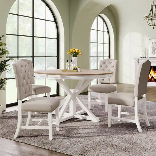 Retro 5-Piece Wooden Dining Table Set with Extendable Round Table & 4 Chairs