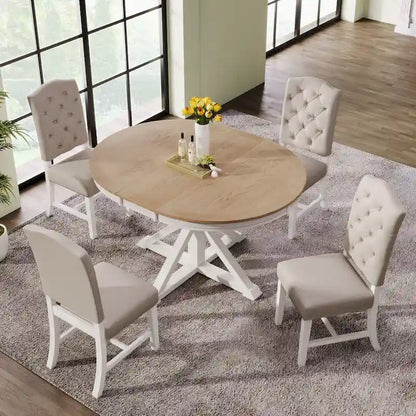 Retro 5-Piece Wooden Dining Table Set with Extendable Round Table & 4 Chairs