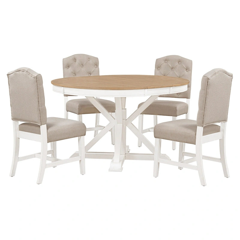 Retro 5-Piece Wooden Dining Table Set with Extendable Round Table & 4 Chairs
