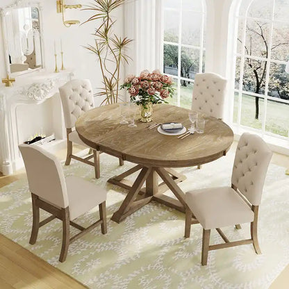 Retro 5-Piece Wooden Dining Table Set with Extendable Round Table & 4 Chairs