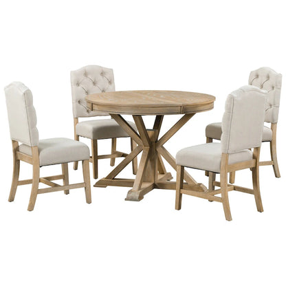 Retro 5-Piece Wooden Dining Table Set with Extendable Round Table & 4 Chairs