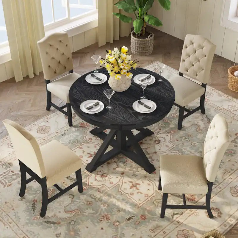 Retro 5-Piece Wooden Dining Table Set with Extendable Round Table & 4 Chairs