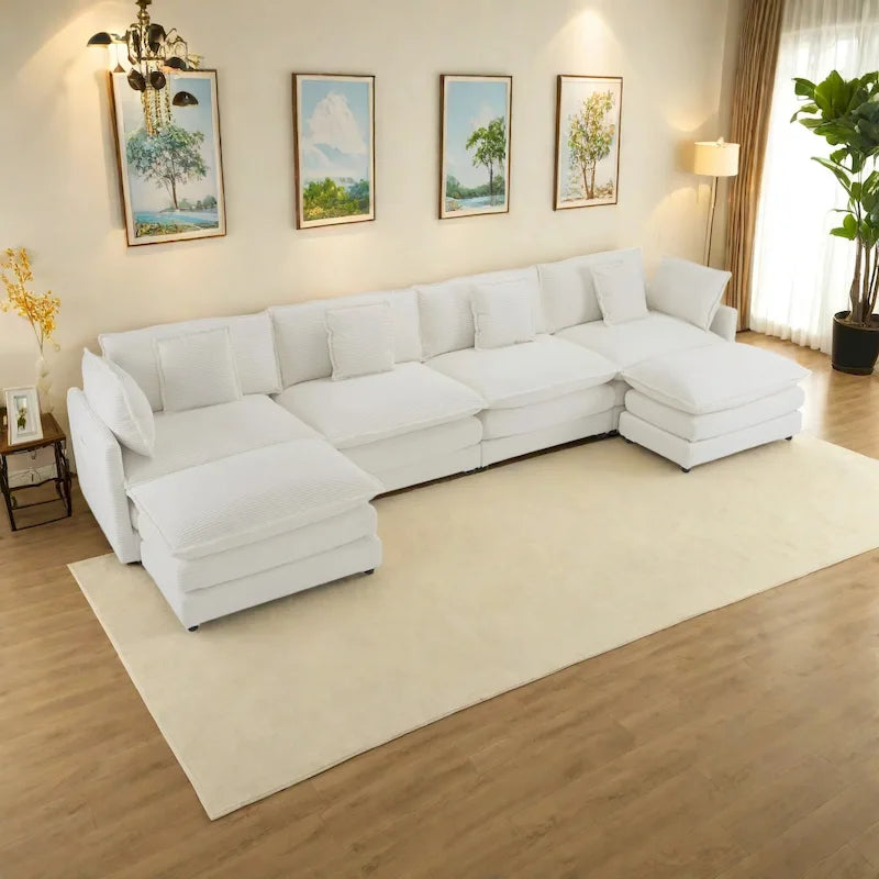 6-Piece 149.6 Corduroy Upholstered U-Shaped Modular Sectional Sofa with Side Storage Pockets