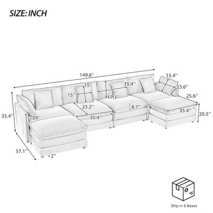 6-Piece 149.6 Corduroy Upholstered U-Shaped Modular Sectional Sofa with Side Storage Pockets