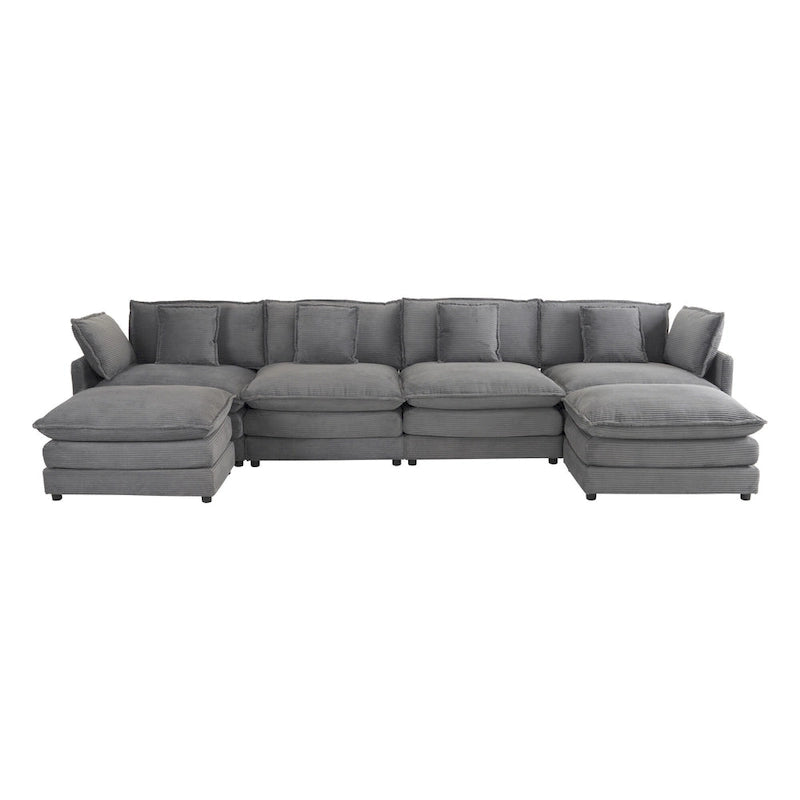 6-Piece 149.6 Corduroy Upholstered U-Shaped Modular Sectional Sofa with Side Storage Pockets