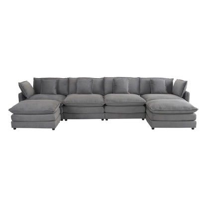 6-Piece 149.6 Corduroy Upholstered U-Shaped Modular Sectional Sofa with Side Storage Pockets