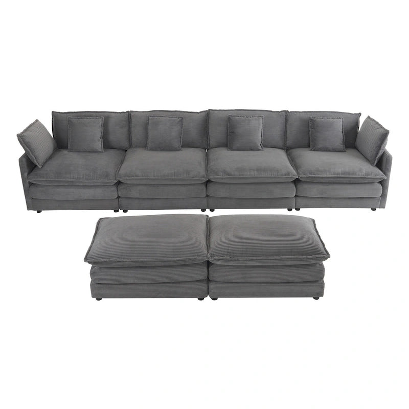 6-Piece 149.6 Corduroy Upholstered U-Shaped Modular Sectional Sofa with Side Storage Pockets