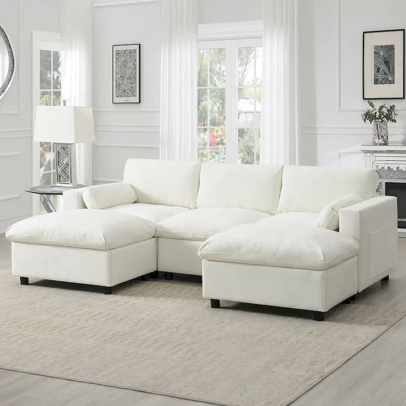 86.5 Chenille Modular Sofa with Storage Pockets, Movable Ottomans