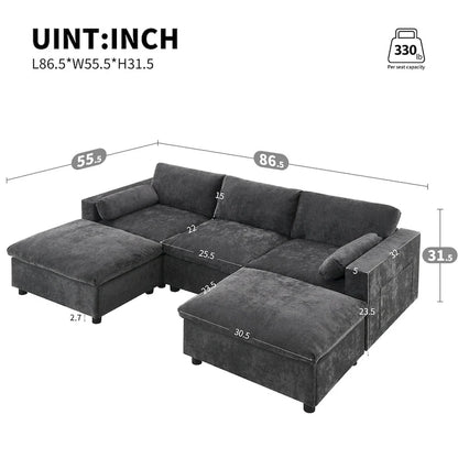 86.5 Chenille Modular Sofa with Storage Pockets, Movable Ottomans