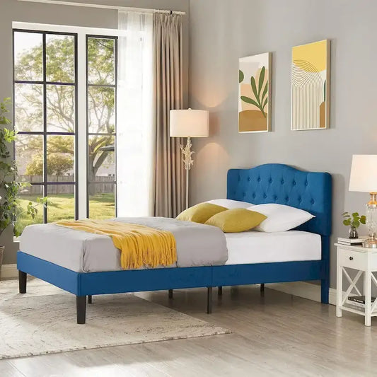 VECELO Modern Tufted Upholstered Bed Frame with Height- Adjustable Headboard,Dark Blue