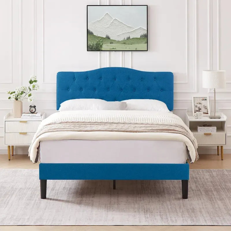 VECELO Modern Tufted Upholstered Bed Frame with Height- Adjustable Headboard,Dark Blue