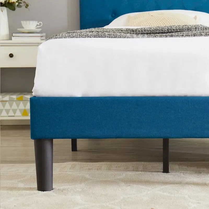 VECELO Modern Tufted Upholstered Bed Frame with Height- Adjustable Headboard,Dark Blue