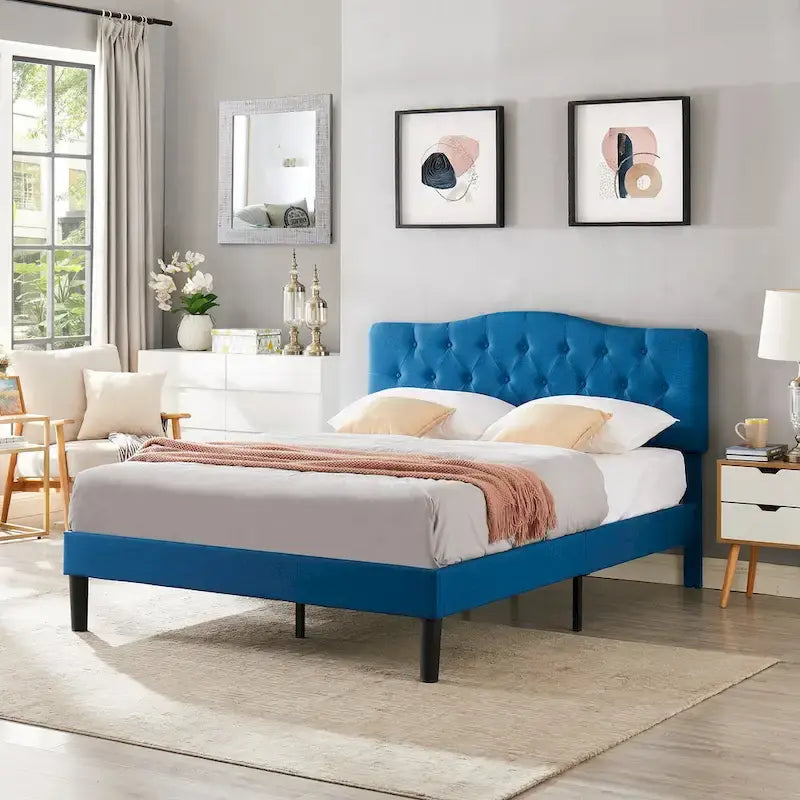 VECELO Modern Tufted Upholstered Bed Frame with Height- Adjustable Headboard,Dark Blue