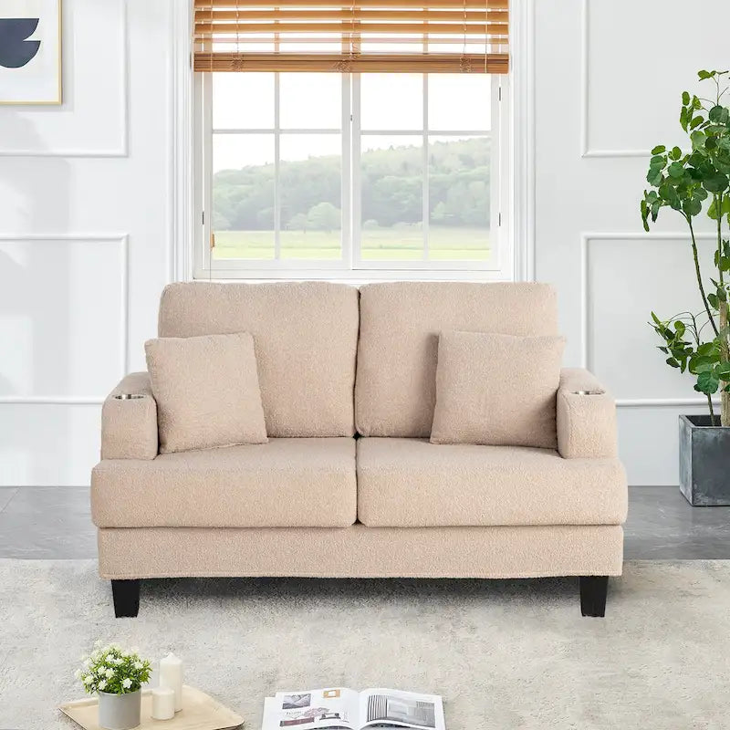 61 Small Beige Loveseat Sofa with 2 Pillows and Cup Holder