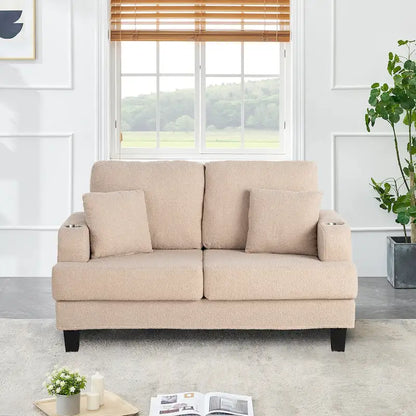 61 Small Beige Loveseat Sofa with 2 Pillows and Cup Holder