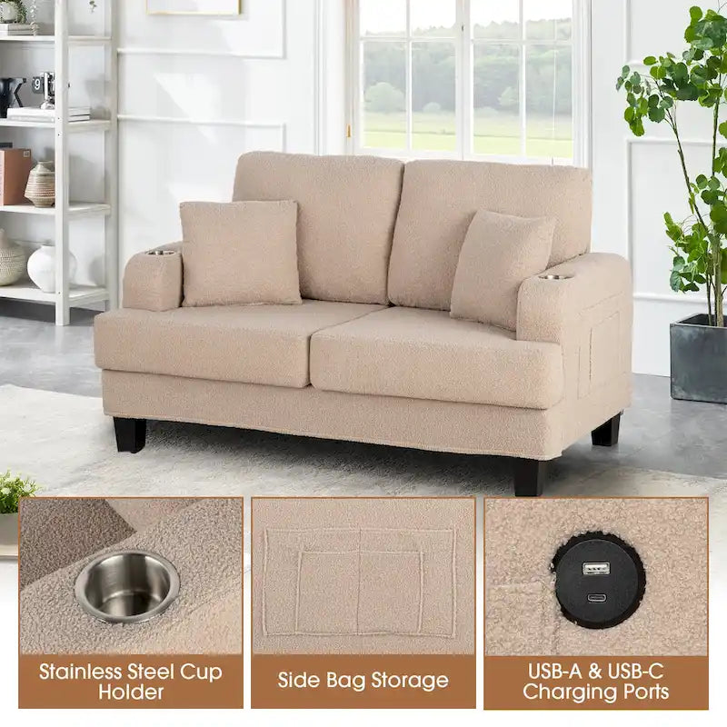 61 Small Beige Loveseat Sofa with 2 Pillows and Cup Holder