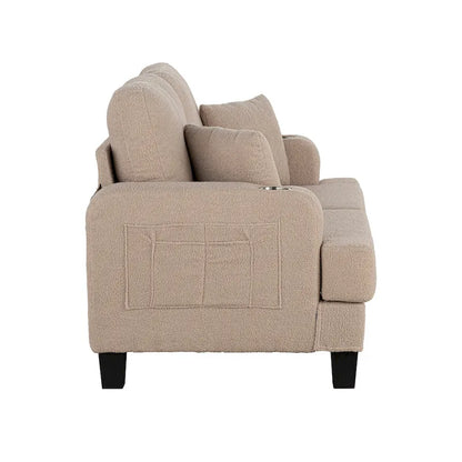 61 Small Beige Loveseat Sofa with 2 Pillows and Cup Holder