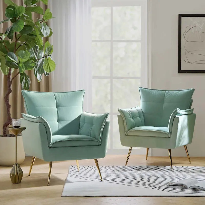 1ida Modern Velvet Tufted Accent Armchair with Gold Metal Legs Set of 2 by HULALA HOME