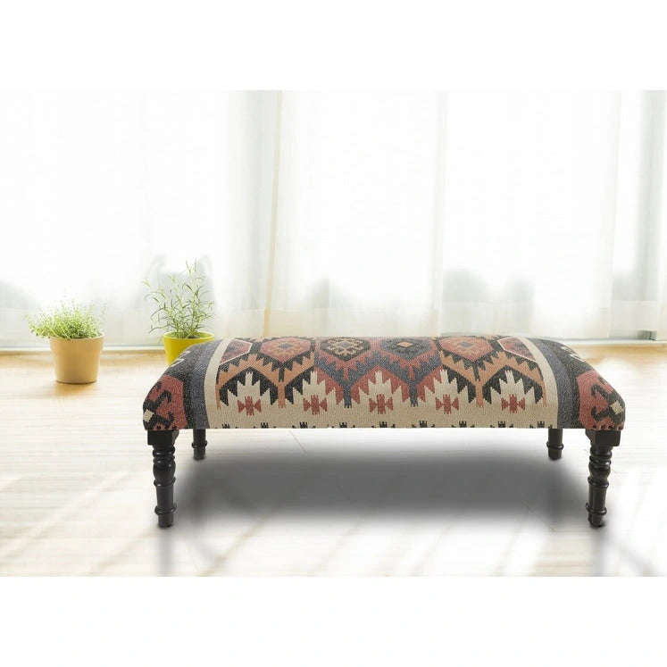 HomeRoots 47 Beige Brown and Rust and Black Jute and Wool Blend Upholstered Southwest Distressed Bench - 47 x 18 x 16