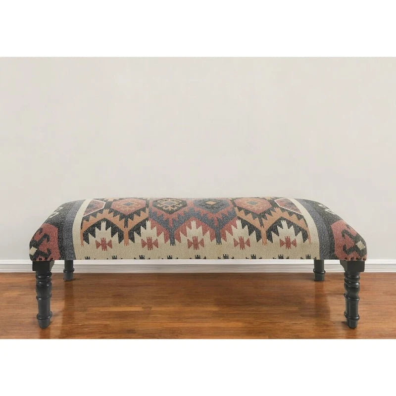 HomeRoots 47 Beige Brown and Rust and Black Jute and Wool Blend Upholstered Southwest Distressed Bench - 47 x 18 x 16