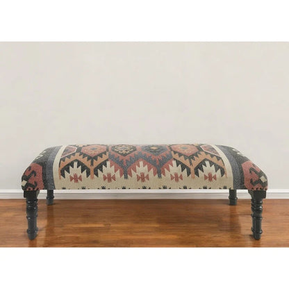 HomeRoots 47 Beige Brown and Rust and Black Jute and Wool Blend Upholstered Southwest Distressed Bench - 47 x 18 x 16
