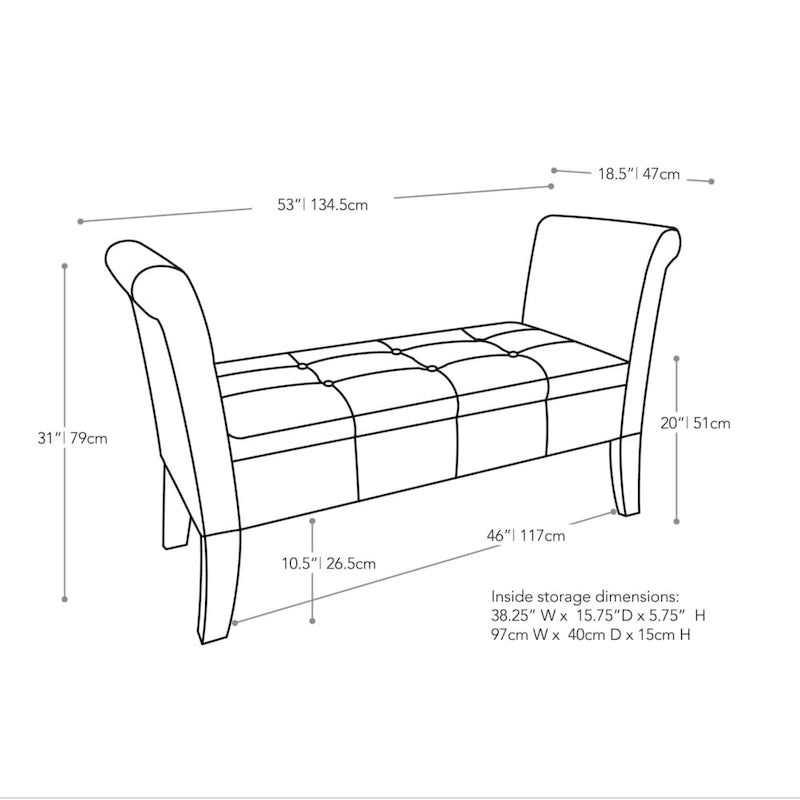 CorLiving Antonio Upholstered Storage Bench with Scrolled Arms