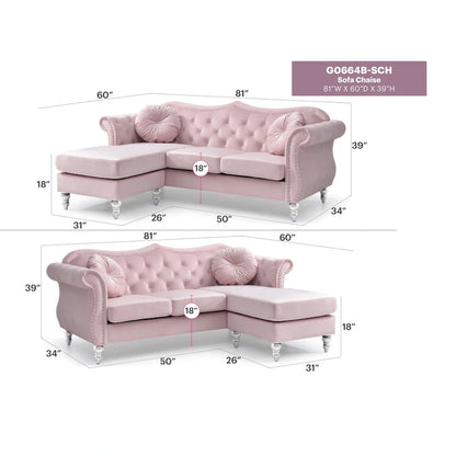 Hollywood 81 in. Velvet Chesterfield Sectional Sofa with 2-Throw Pillow - 81L x 35W x 34H