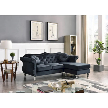 Hollywood 81 in. Velvet Chesterfield Sectional Sofa with 2-Throw Pillow - 81L x 35W x 34H