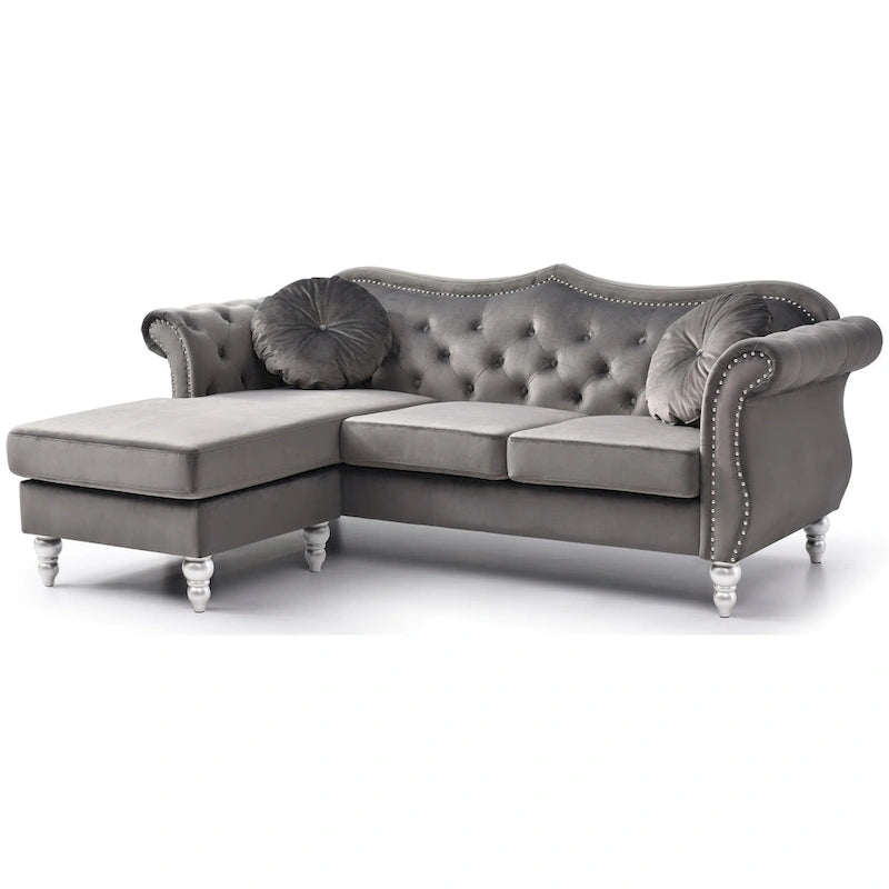 Hollywood 81 in. Velvet Chesterfield Sectional Sofa with 2-Throw Pillow - 81L x 35W x 34H