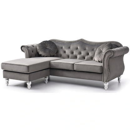 Hollywood 81 in. Velvet Chesterfield Sectional Sofa with 2-Throw Pillow - 81L x 35W x 34H