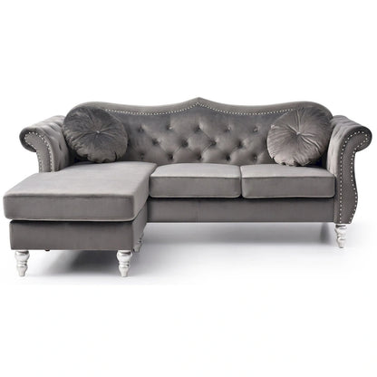 Hollywood 81 in. Velvet Chesterfield Sectional Sofa with 2-Throw Pillow - 81L x 35W x 34H