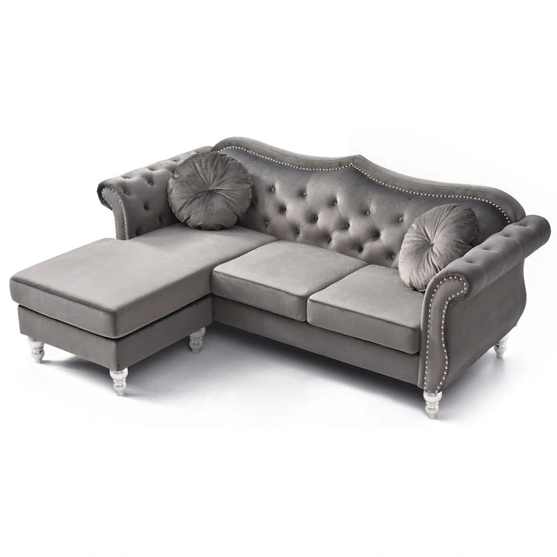 Hollywood 81 in. Velvet Chesterfield Sectional Sofa with 2-Throw Pillow - 81L x 35W x 34H