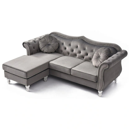 Hollywood 81 in. Velvet Chesterfield Sectional Sofa with 2-Throw Pillow - 81L x 35W x 34H
