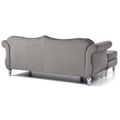 Hollywood 81 in. Velvet Chesterfield Sectional Sofa with 2-Throw Pillow - 81L x 35W x 34H