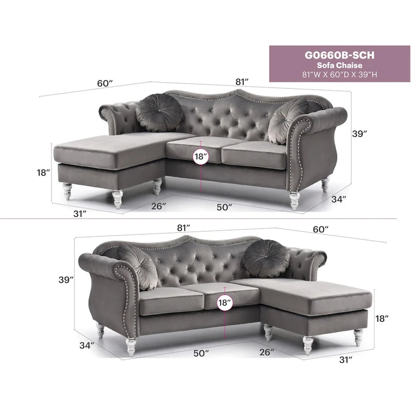 Hollywood 81 in. Velvet Chesterfield Sectional Sofa with 2-Throw Pillow - 81L x 35W x 34H