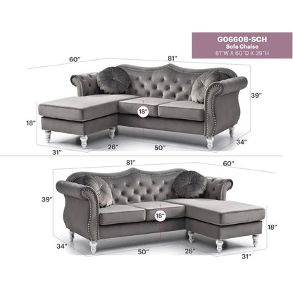 Hollywood 81 in. Velvet Chesterfield Sectional Sofa with 2-Throw Pillow - 81L x 35W x 34H