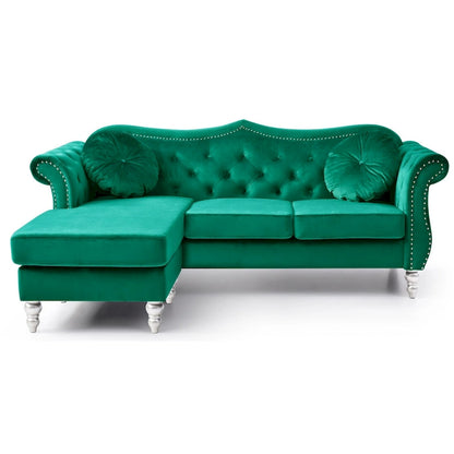 Hollywood 81 in. Velvet Chesterfield Sectional Sofa with 2-Throw Pillow - 81L x 35W x 34H