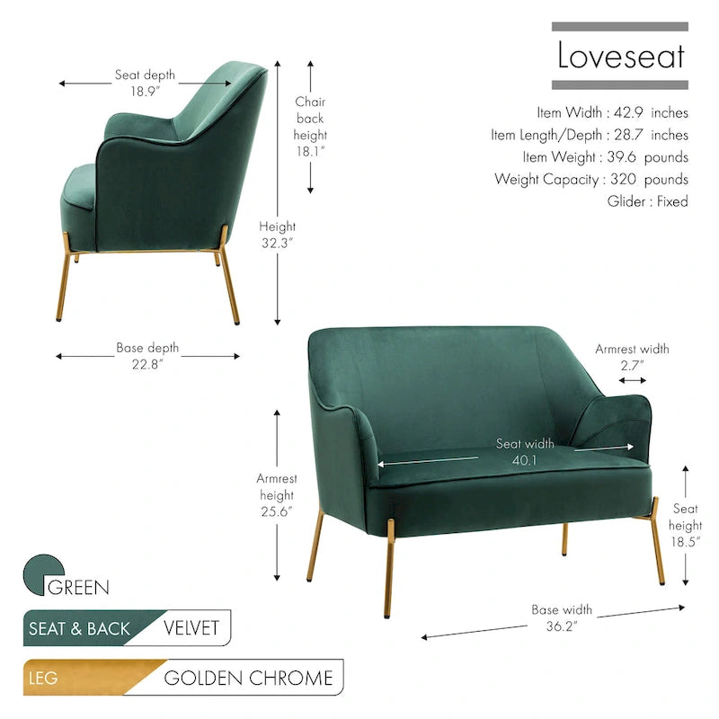 Porthos Home Kyler Loveseat Couch Sofa, Velvet Upholstery, Gold Chrome Legs