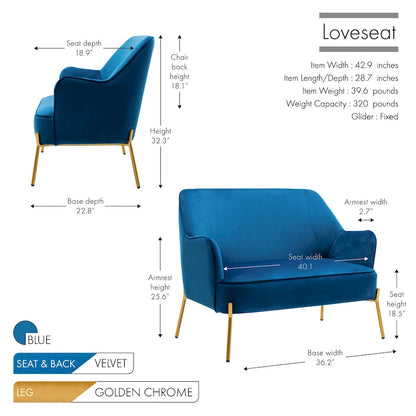 Porthos Home Kyler Loveseat Couch Sofa, Velvet Upholstery, Gold Chrome Legs