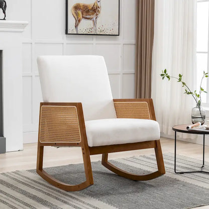 SEYNAR Modern PU Leather Rocking Chair with Rattan Arms