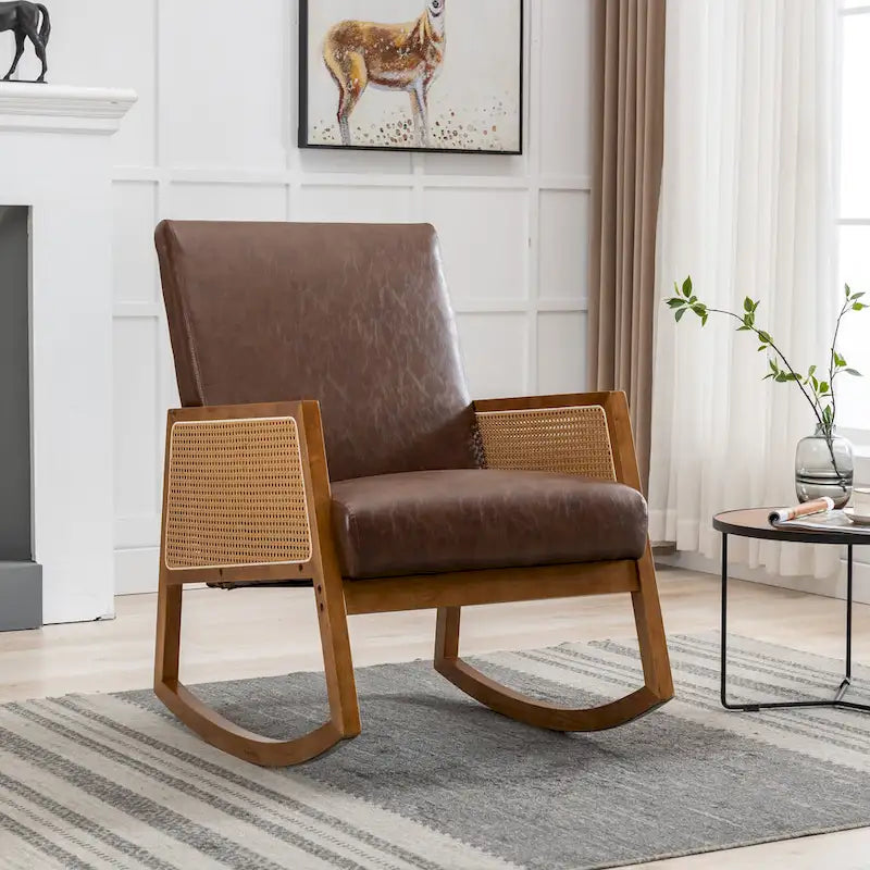 SEYNAR Modern PU Leather Rocking Chair with Rattan Arms